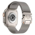 Silver Milanese mesh loop watch band with metal clasp for Apple Watch