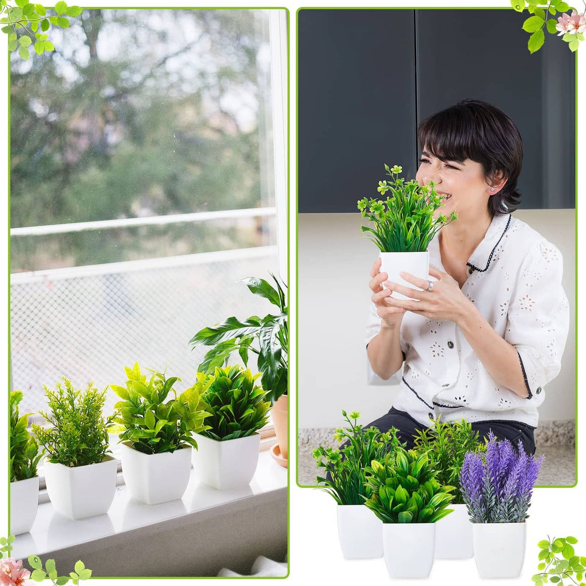 Artificial mini potted plants in white pots, bright green foliage and purple flower heads