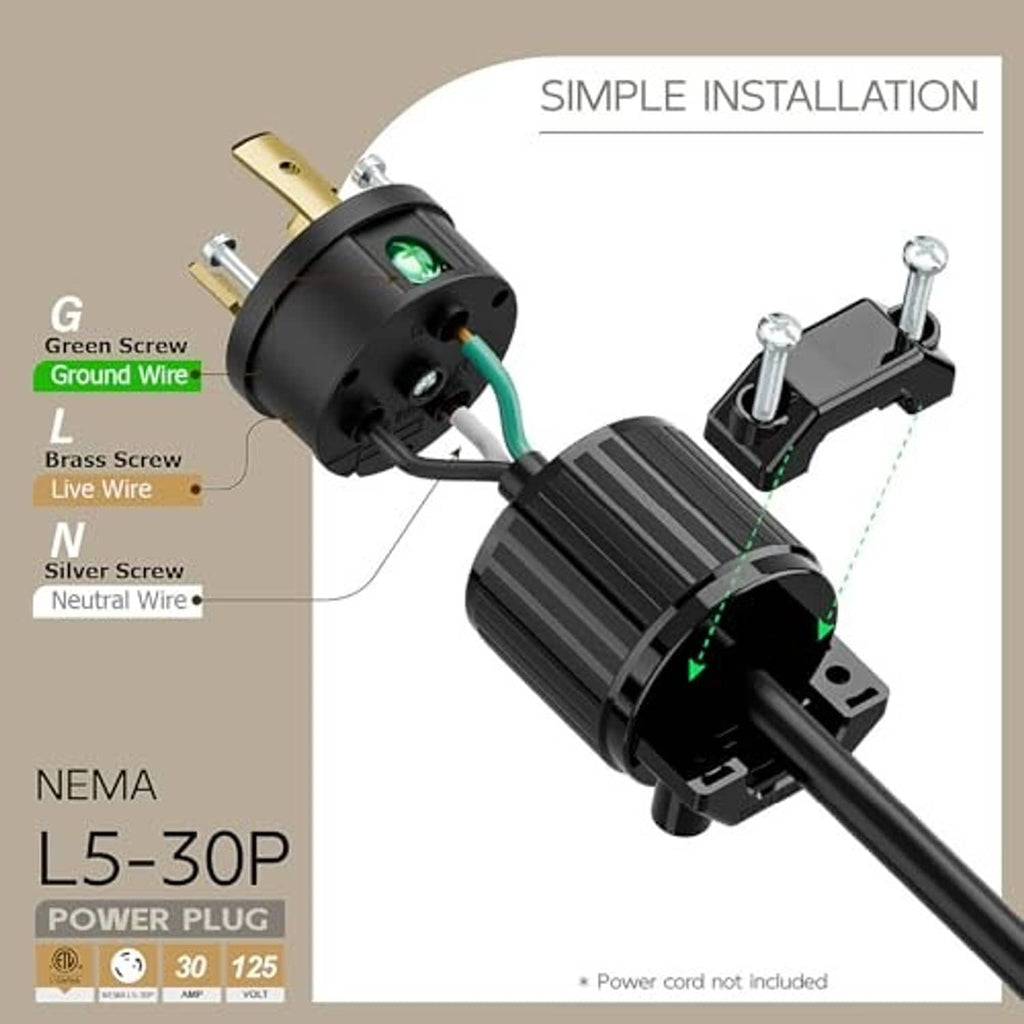 Nema L5-30P power plug with visible terminal screws and ground, neutral, and live wiring points