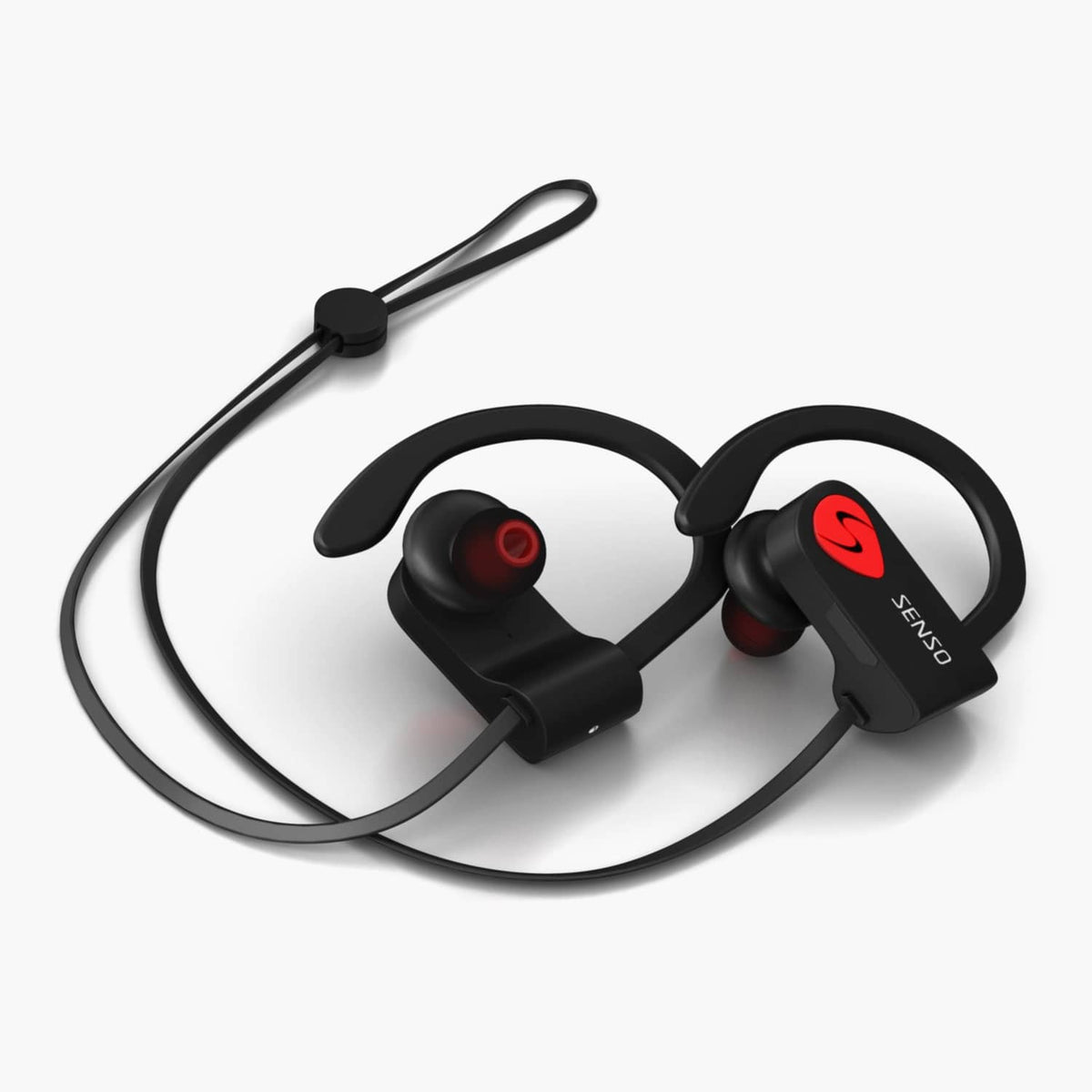 Black wireless sports earbuds with mic, inline cable and ear-hook fit