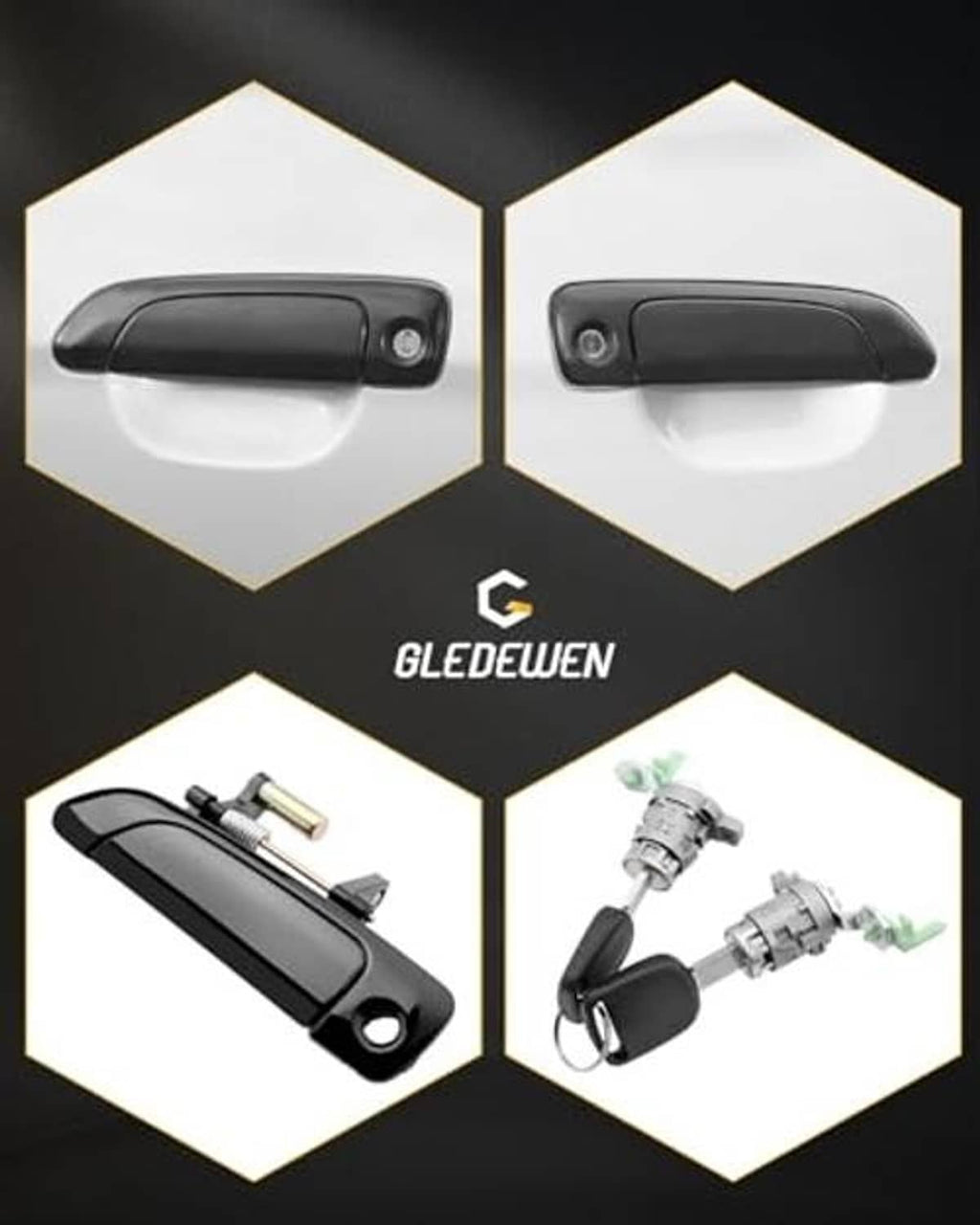 Black exterior door handle pair with lock cylinder, keys, and door-surface mounting