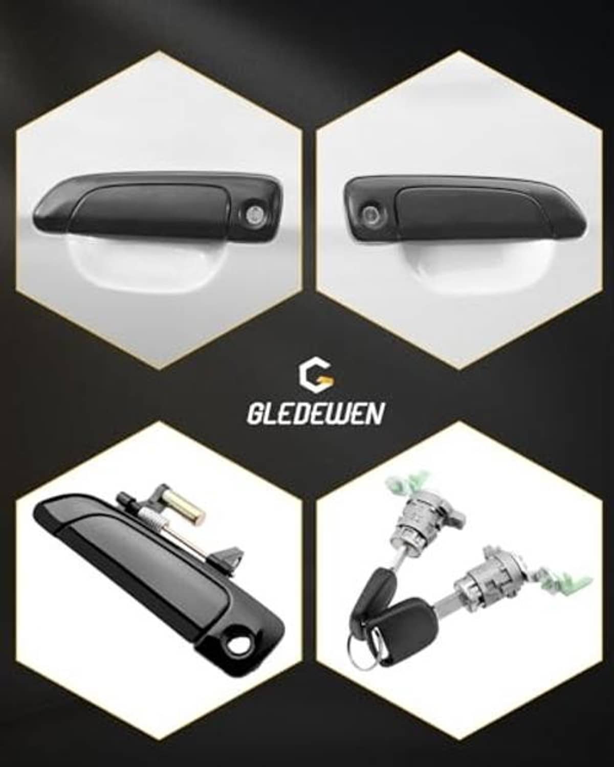 Black exterior door handle pair with lock cylinder, keys, and door-surface mounting