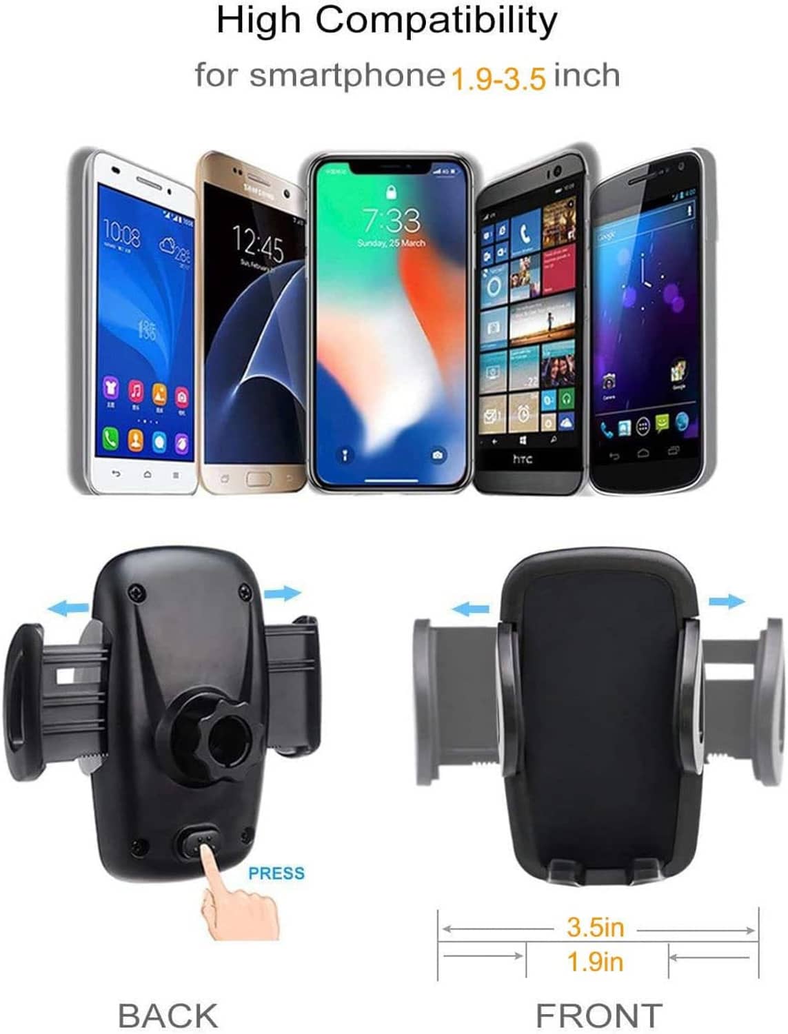 Guitar phone holder fits smartphones 1.9–3.5 in; cradle supports multiple sizes