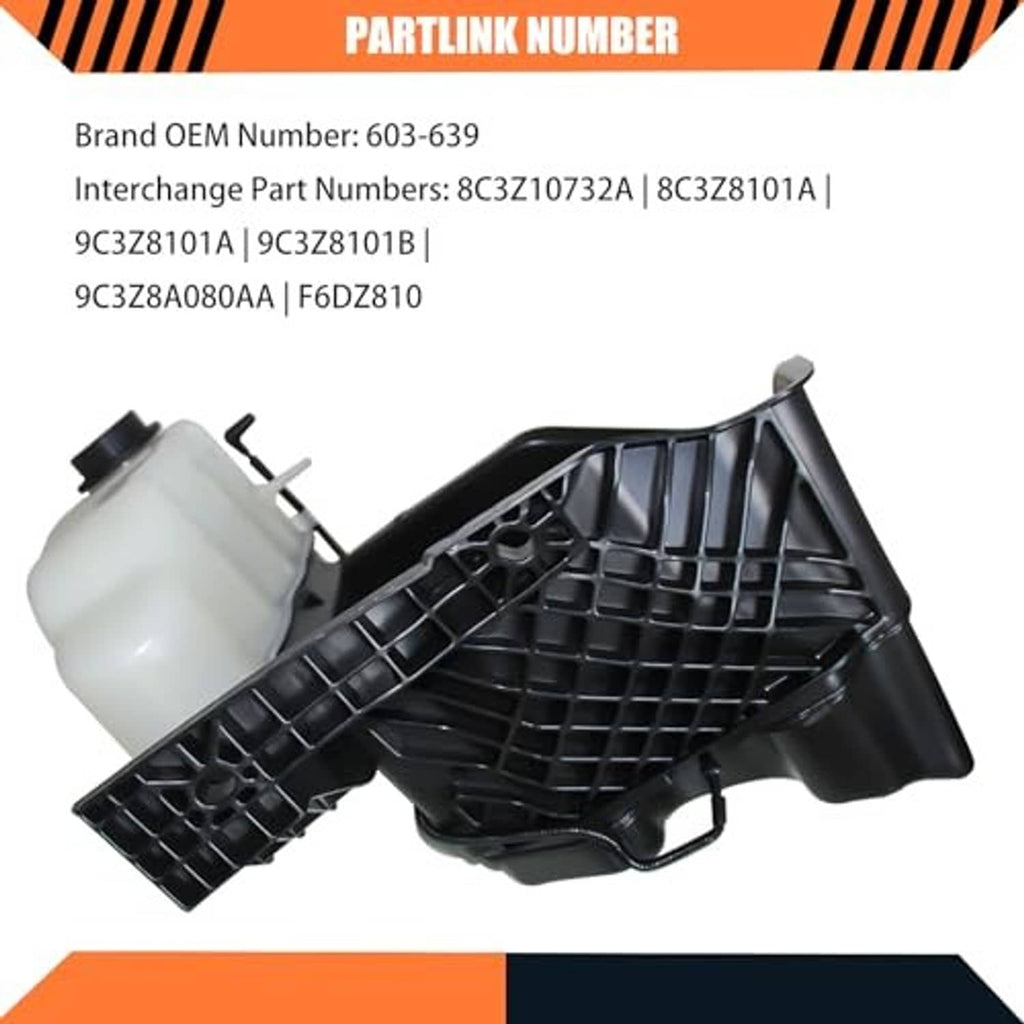 Engine coolant overflow recovery reservoir tank, white reservoir with black grille-style housing