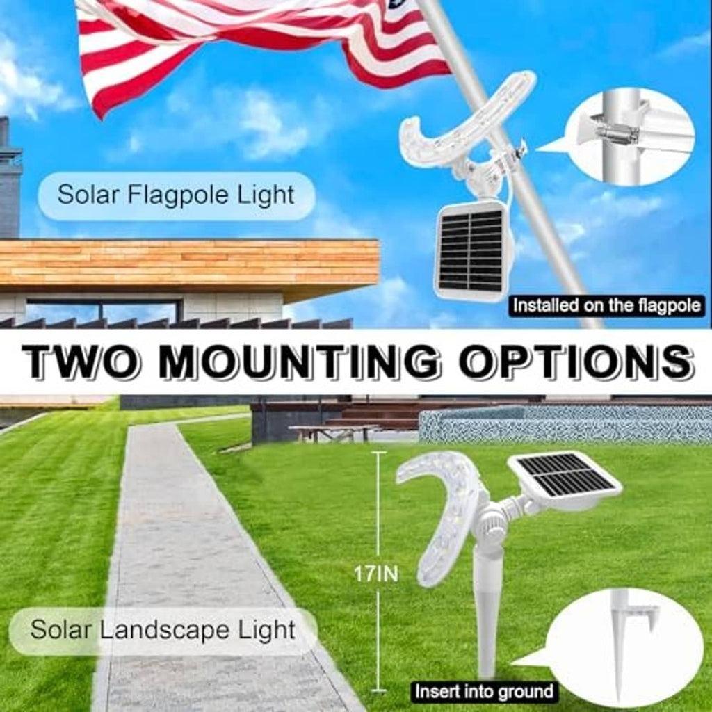 Solar flagpole light with solar panel and curved LED head mounted on a flagpole