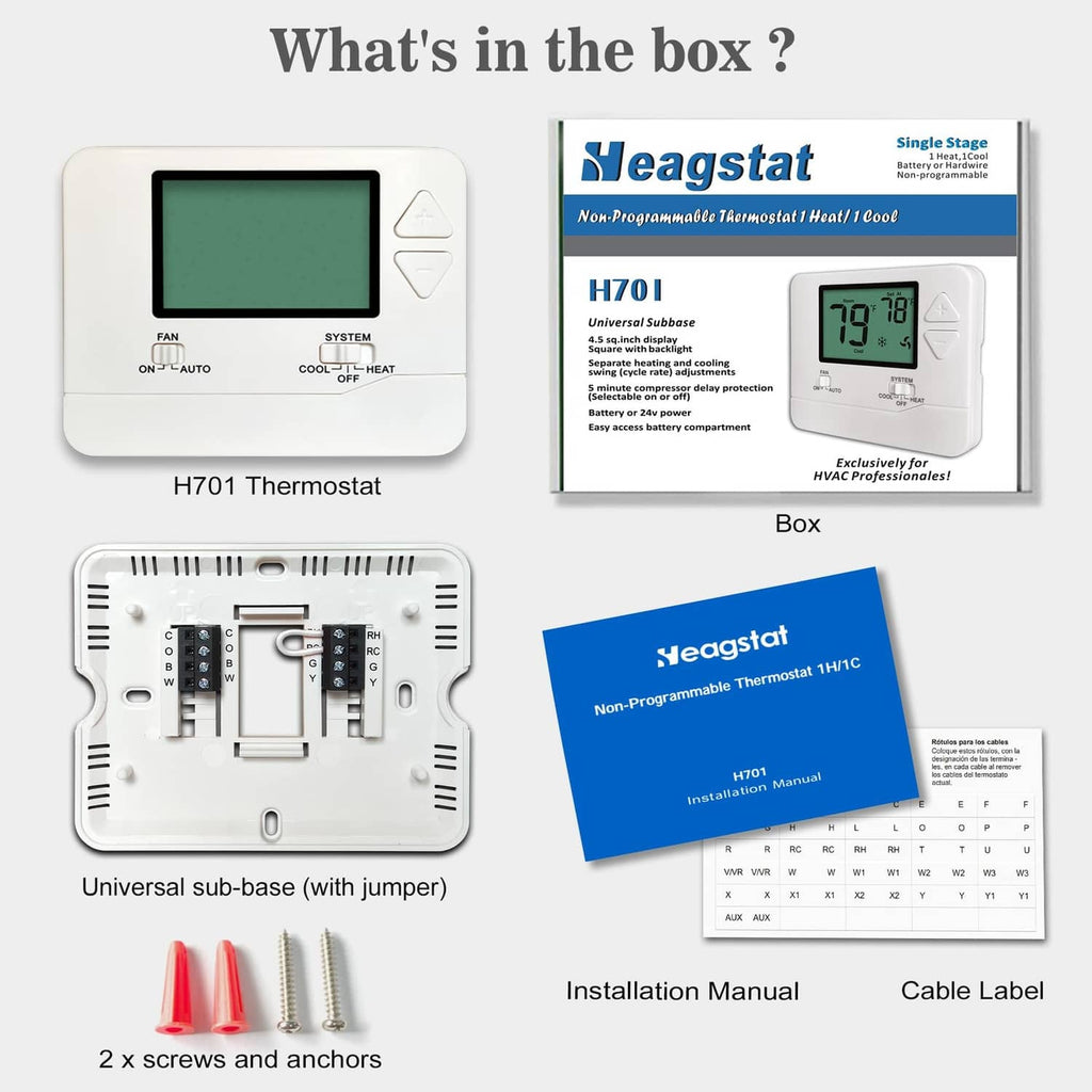Thermostat kit contents: H701 unit, sub-base, screws, installation manual, cable label
