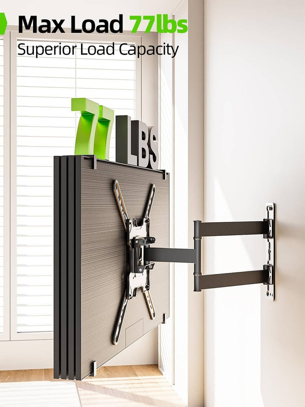 Black TV wall mount bracket holding a flat screen close to the wall