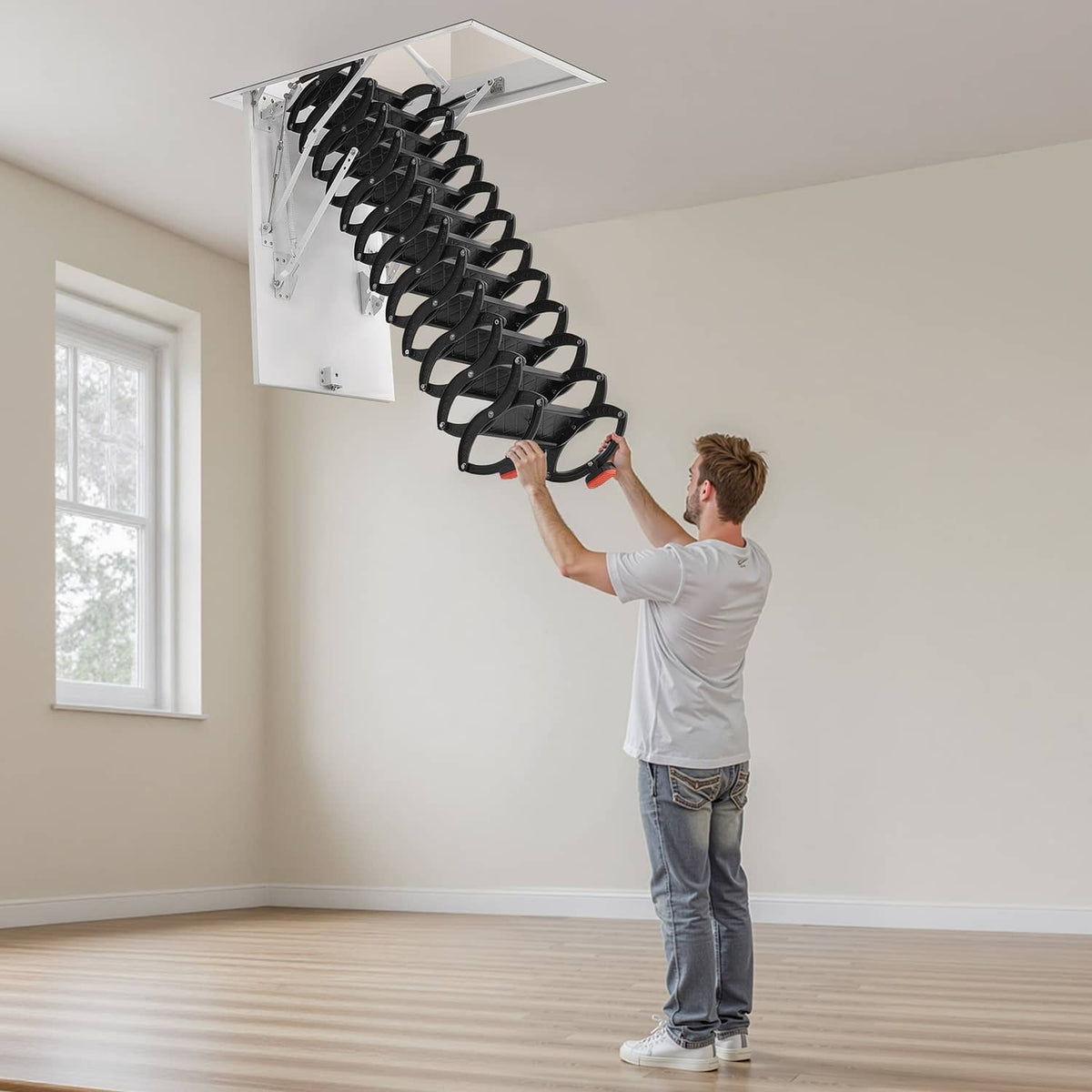 Person pulling down ceiling attic ladder with black rungs and white hatch frame