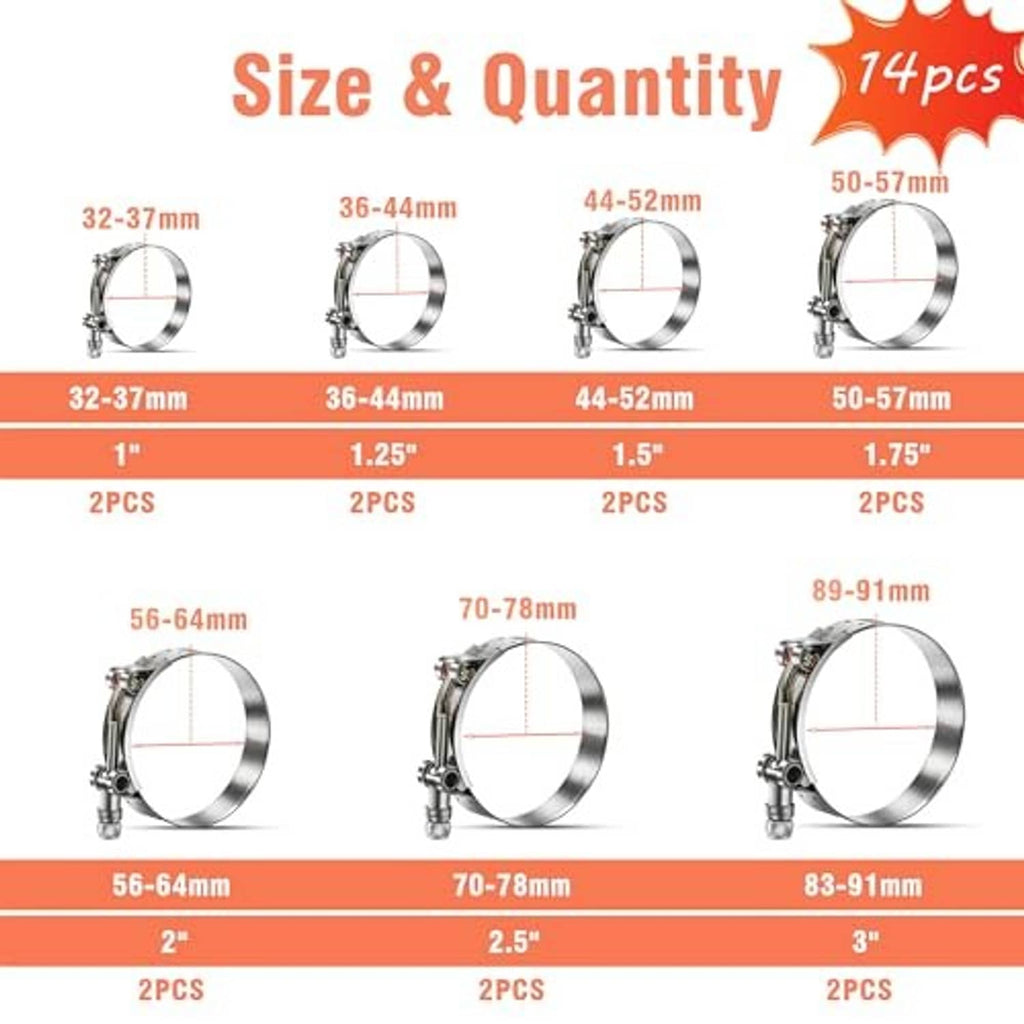 T-bolt hose clamp sizes display with stainless steel rings and bolt mounting points