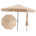 Beige two-tier patio umbrella with scalloped canopy and open vented top, side view