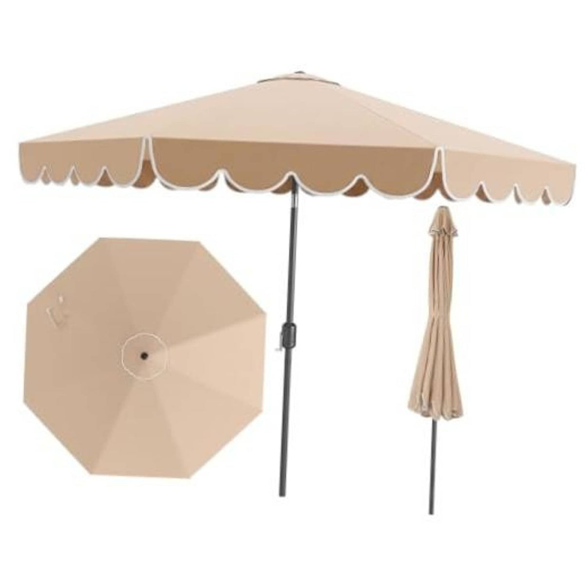 Beige two-tier patio umbrella with scalloped canopy and open vented top, side view