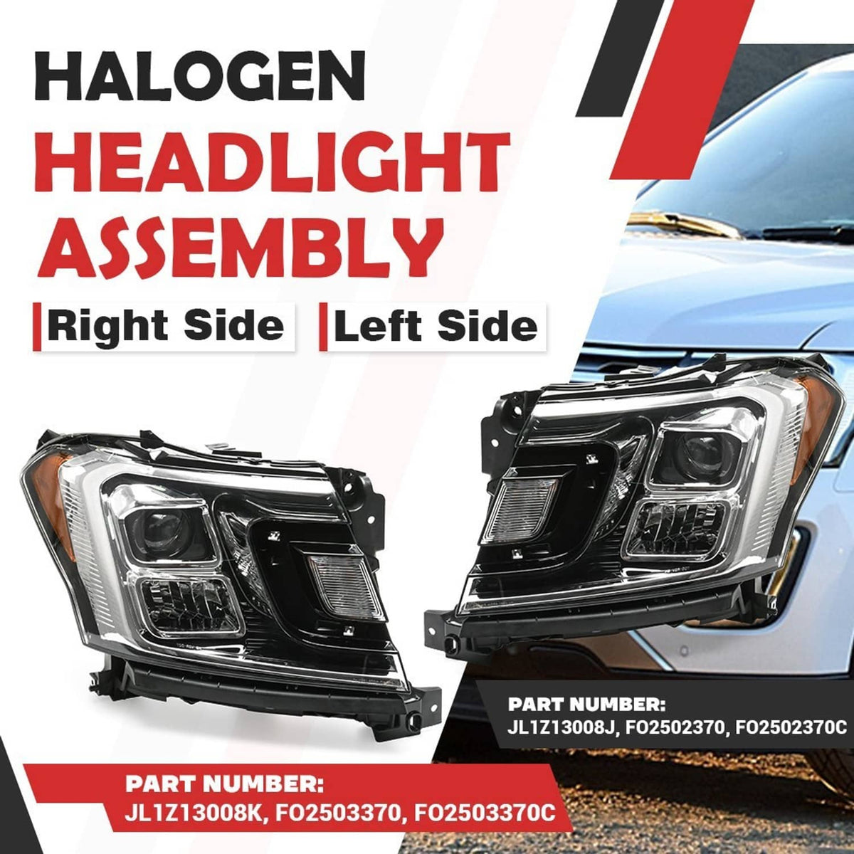 Left and right headlight assembly set with clear projector lenses and amber turn signals