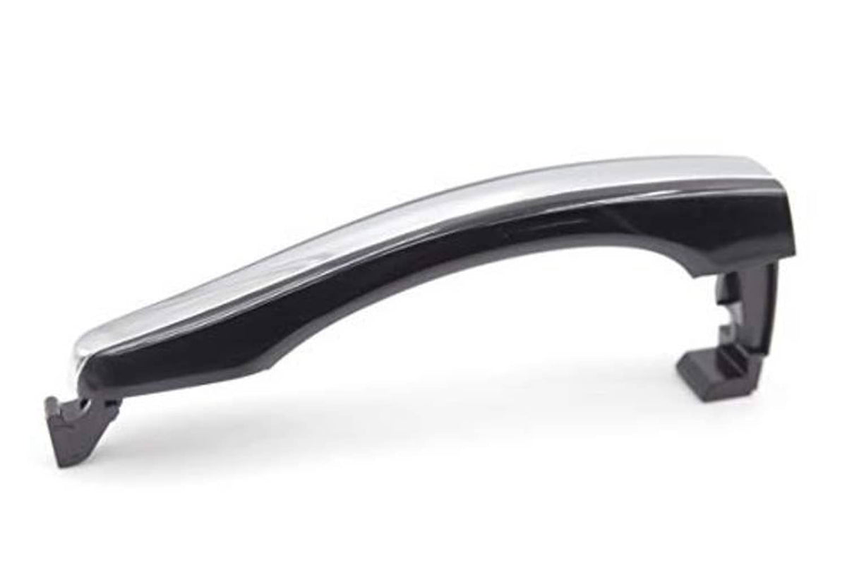 Chrome and black exterior door handle, curved profile with black base