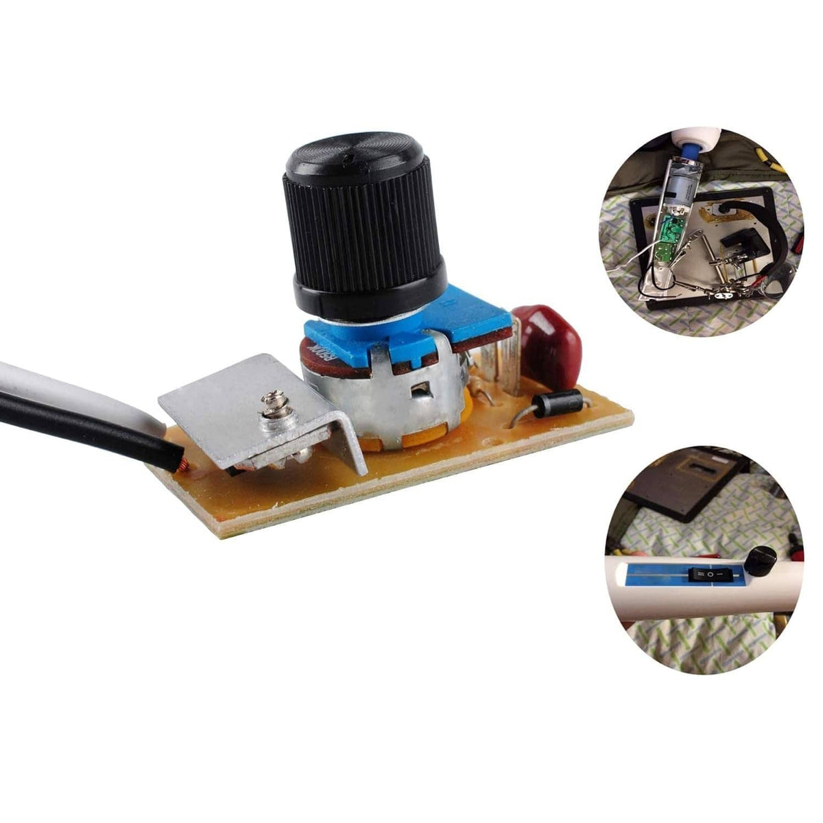 Dimmer switch PCB with black knob and blue switch, plus wiring connection close-ups