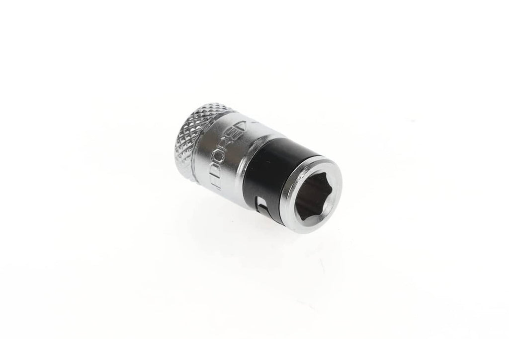 Metal 1/4-in square-to-hex bit adaptor with black barrel and knurled grip sleeve