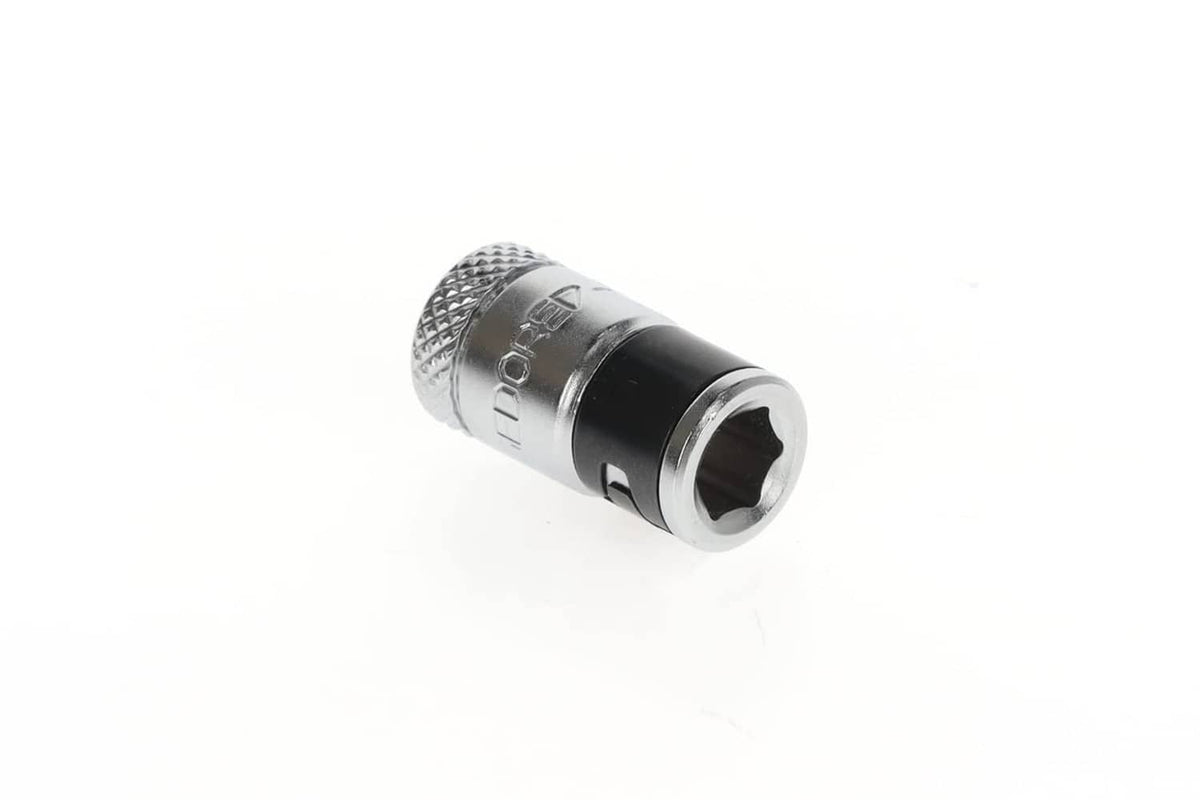 Metal 1/4-in square-to-hex bit adaptor with black barrel and knurled grip sleeve