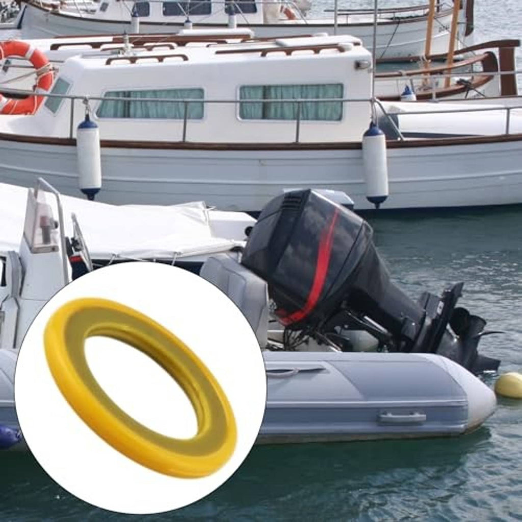 Yellow round seal washer inset on a boat deck near the outboard engine