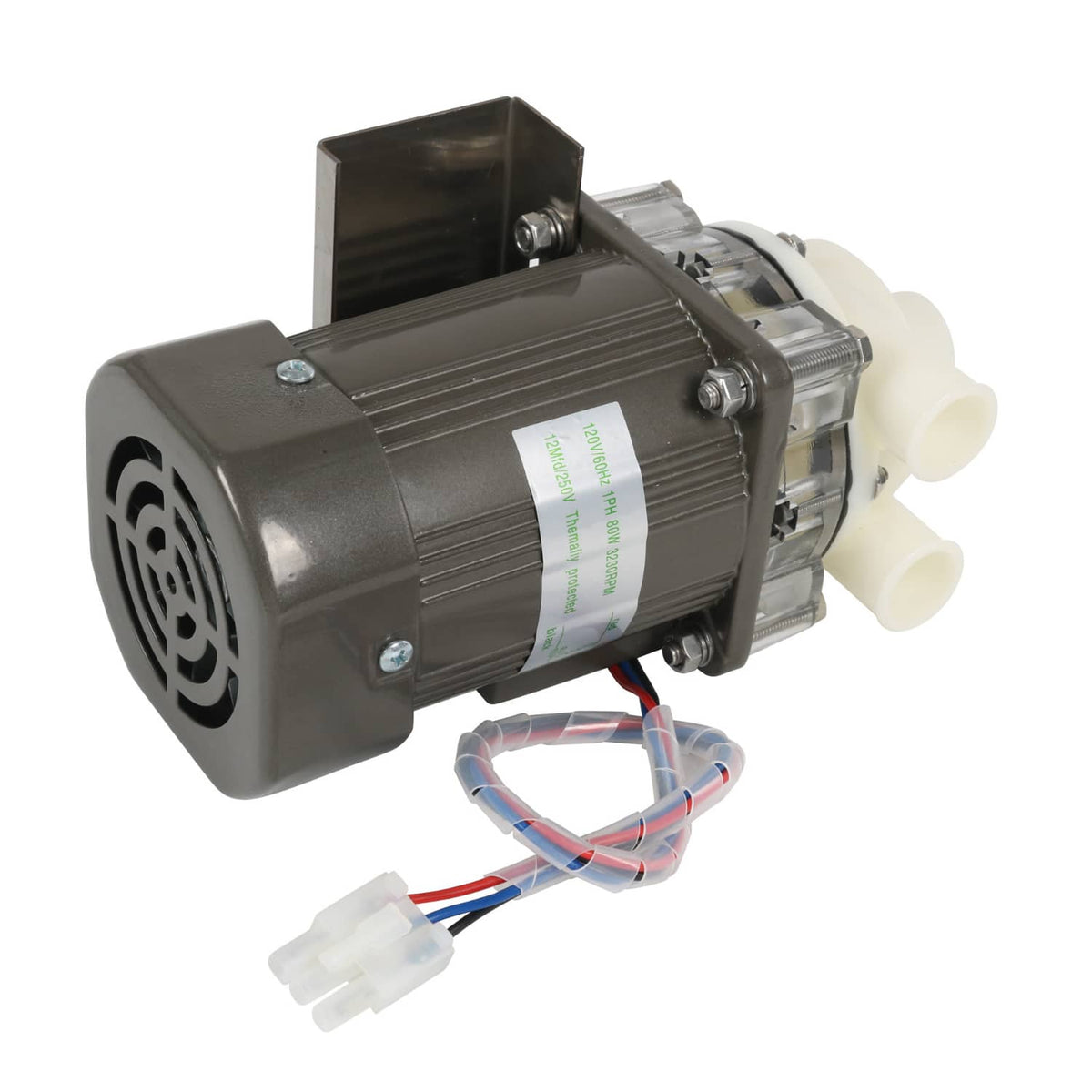 Ice machine water pump motor assembly with black fan grille and attached cable plug