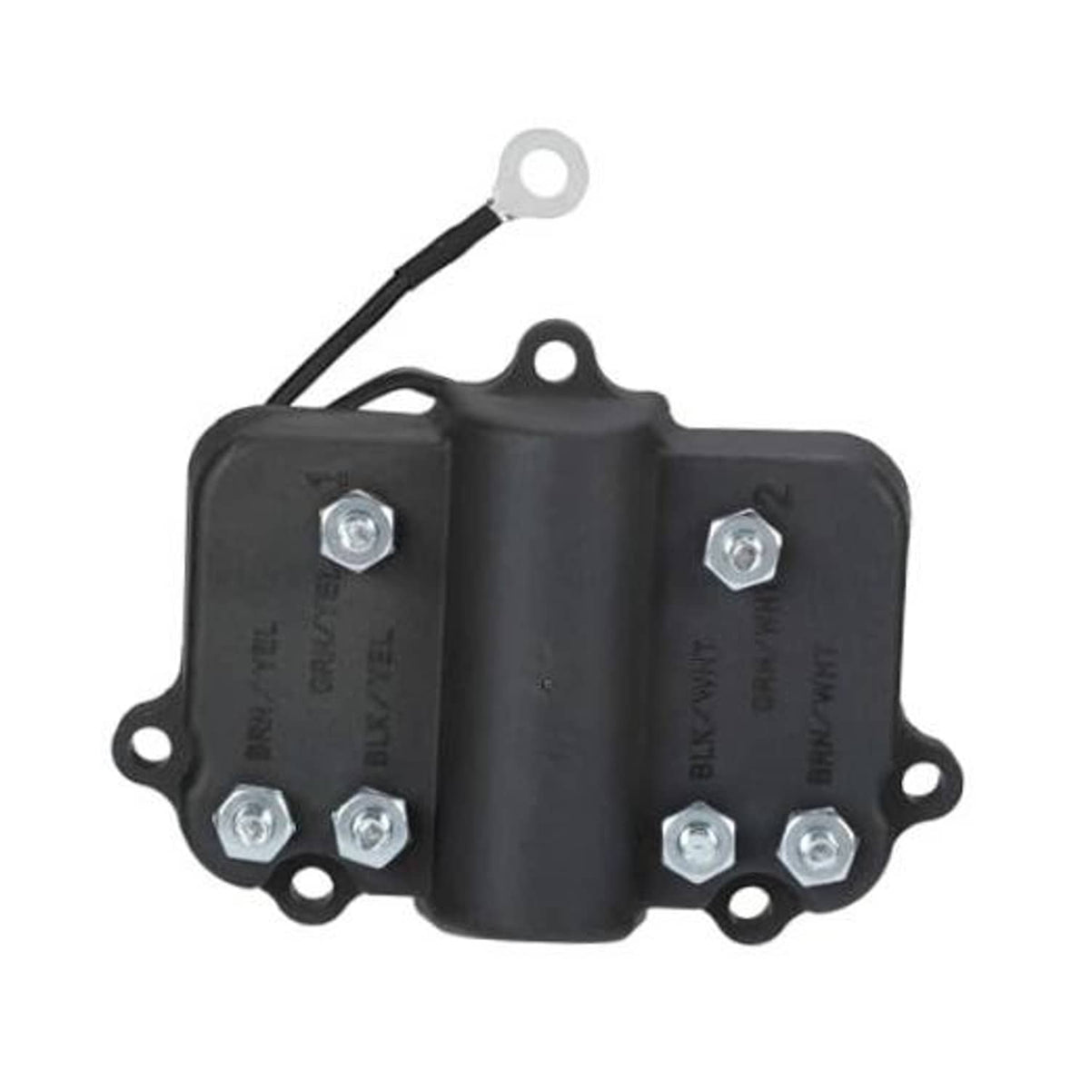 Black ignition CDI unit with mounting bracket, ring terminal wire, and metal bolt terminals.