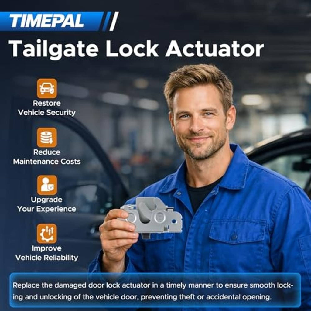 Rear tailgate lock actuator, light gray part with teal insert held in hand