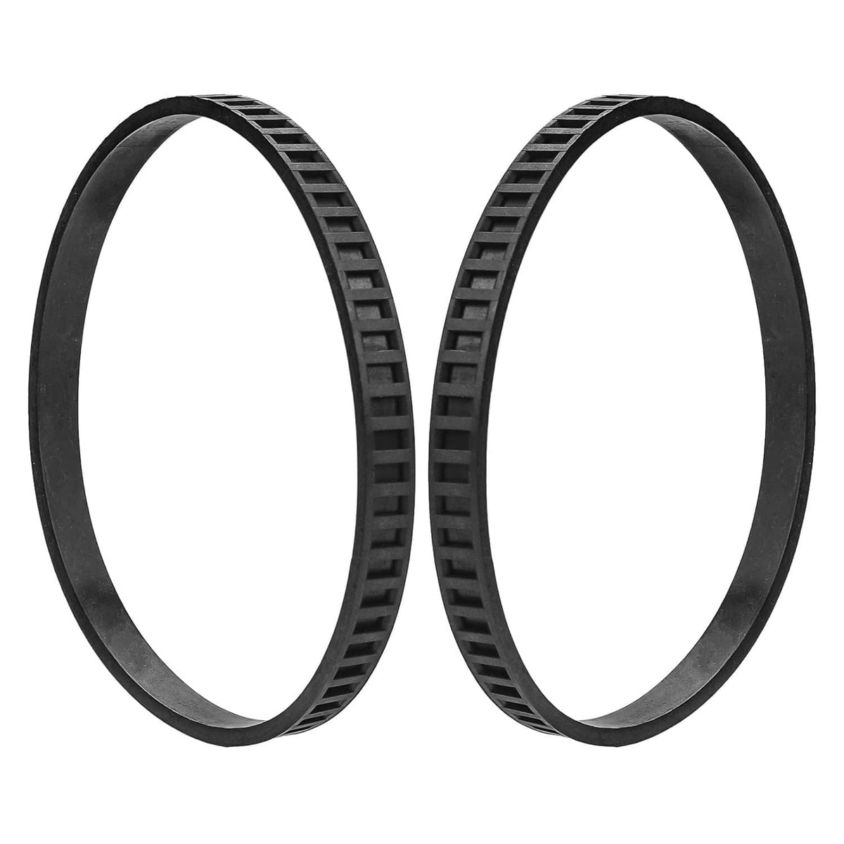 Black rubber bandsaw pulley tires, two loop belts with textured sides and smooth inner edge