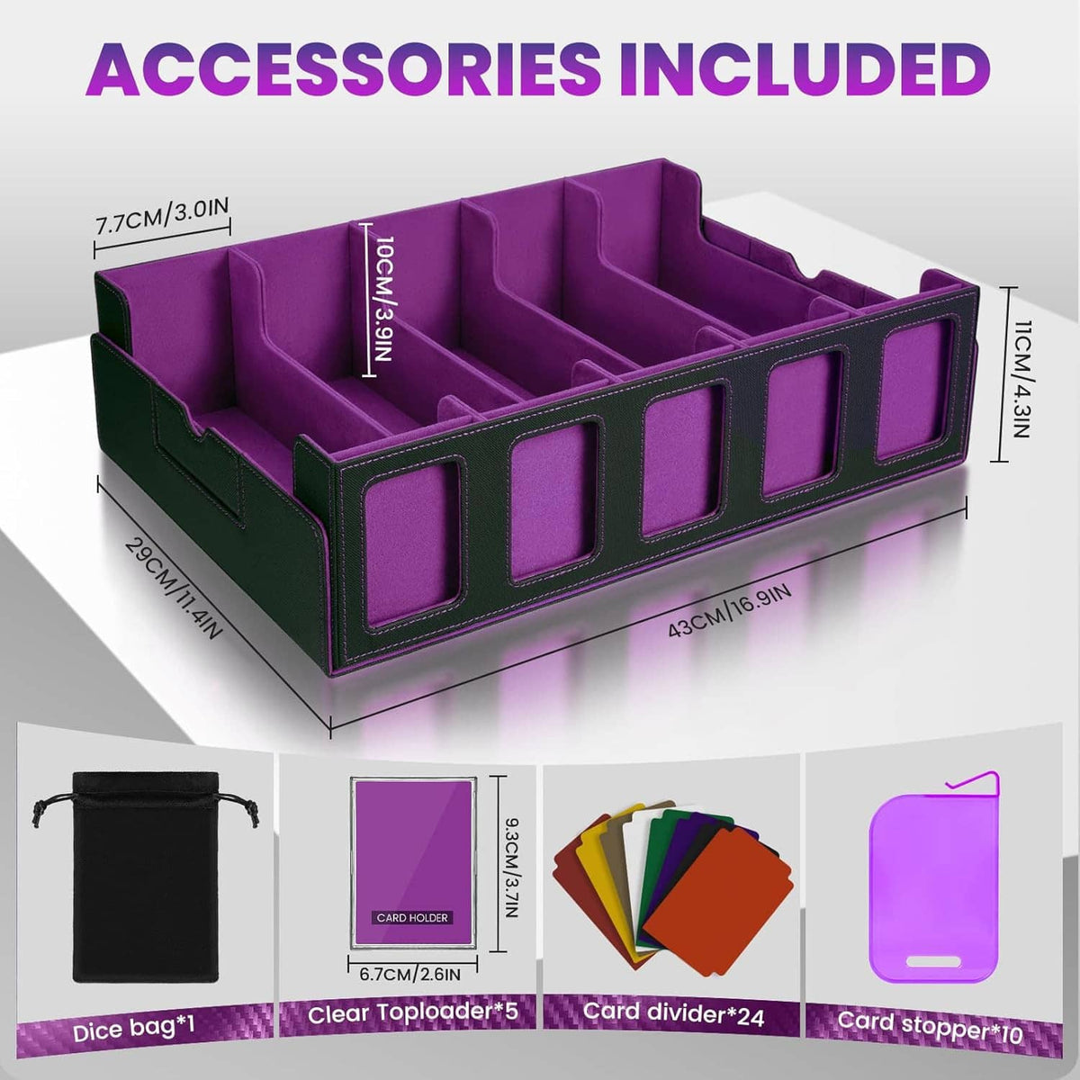 Purple 5-row trading card storage box with divider compartments and included accessories