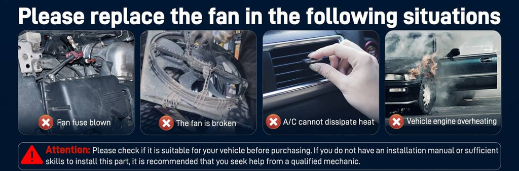 Vehicle A/C condenser fan replacement warning graphic with on-screen instructions