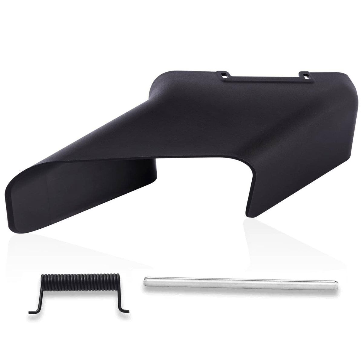 Black side discharge chute kit with mounting spring and metal rod