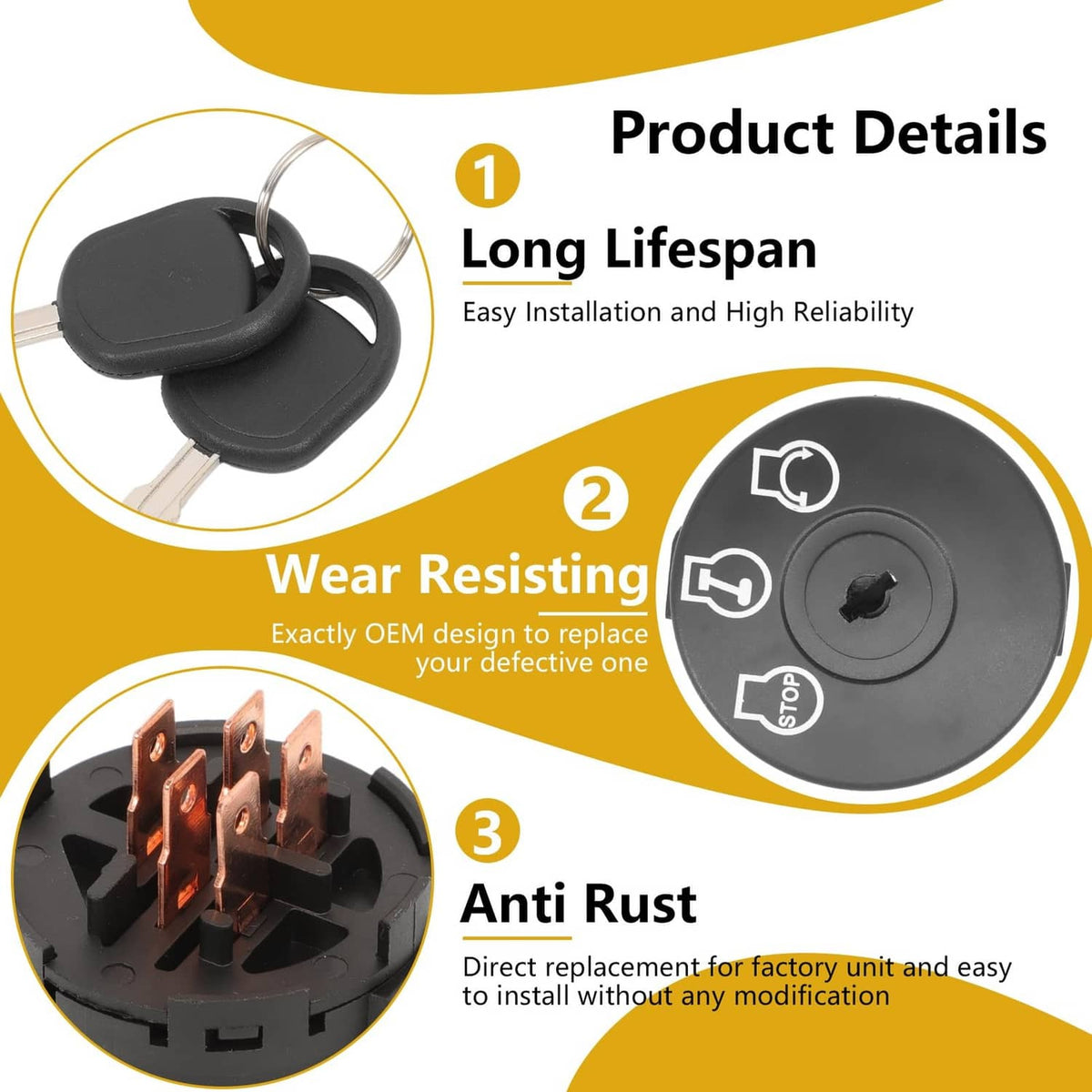 Black ignition switch with two keys and key ring, wear resistant design