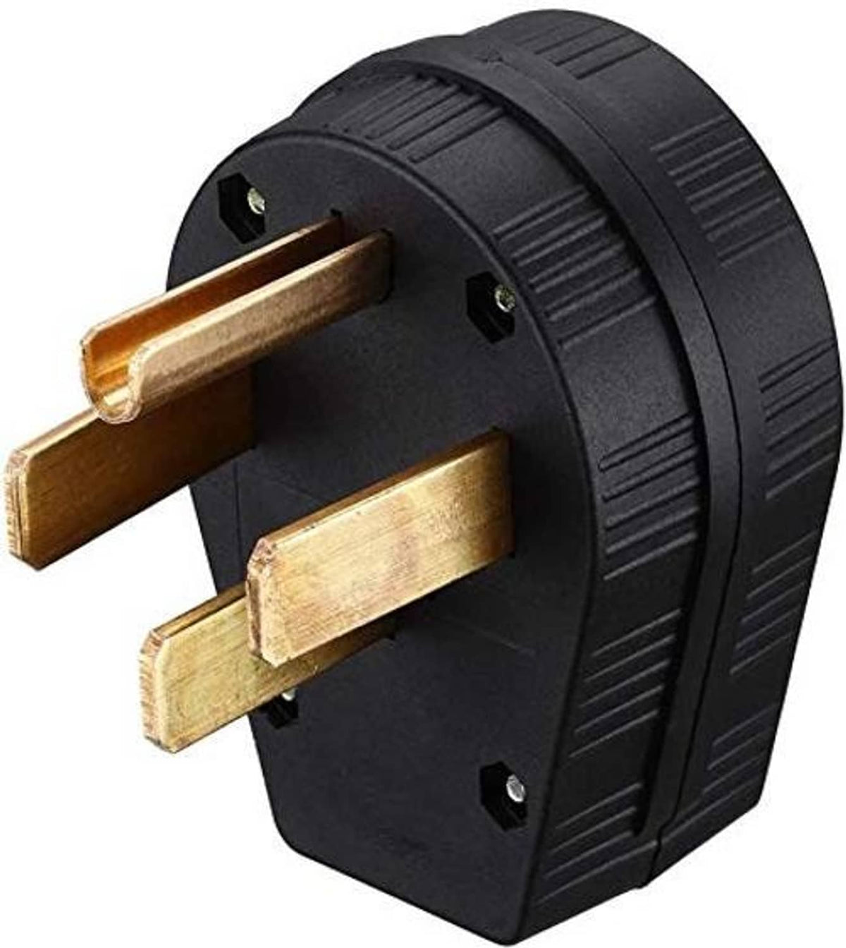Electric dryer power plug, angled view, four brass flat blade prongs