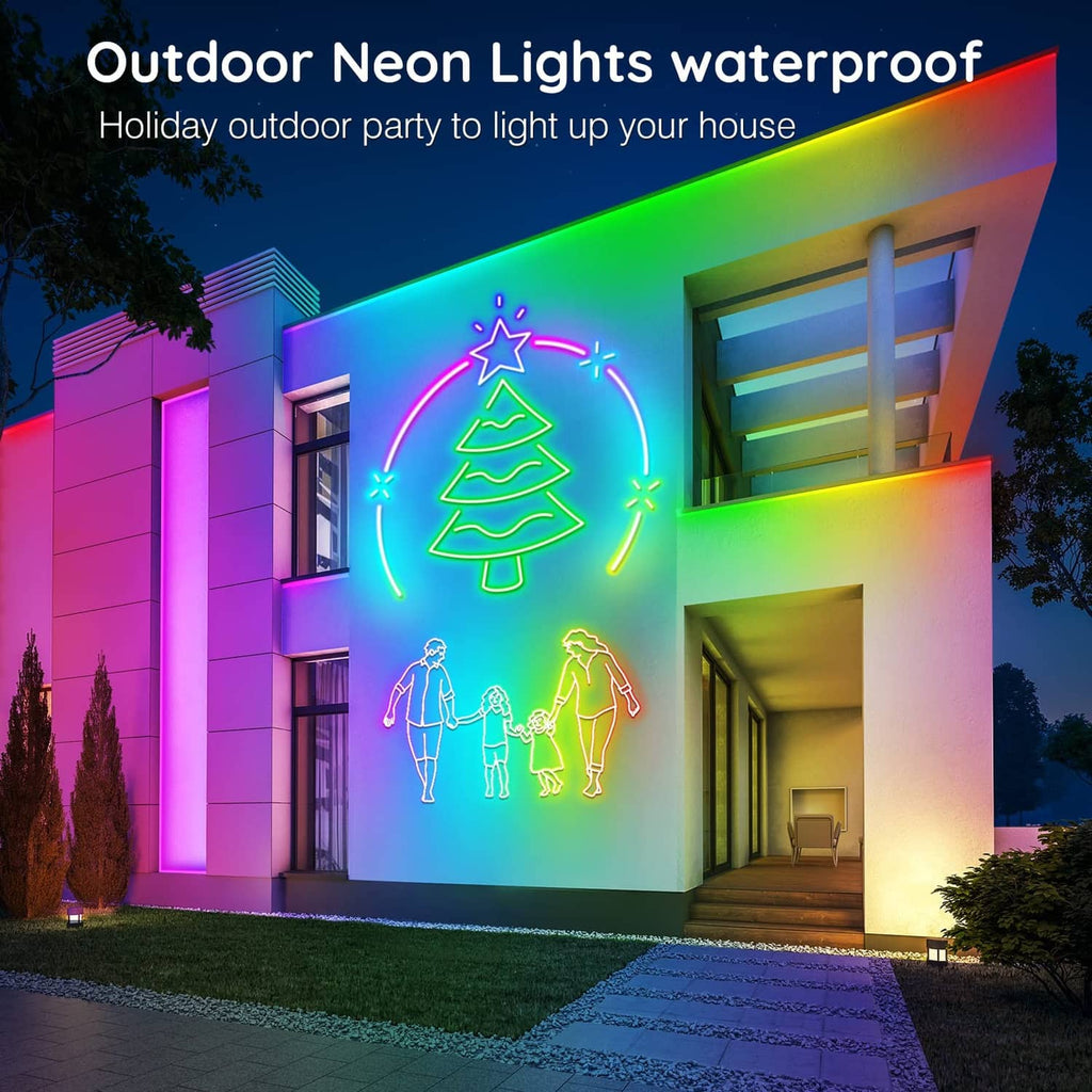 Outdoor RGB LED neon rope lights with tree and family silhouettes on exterior wall
