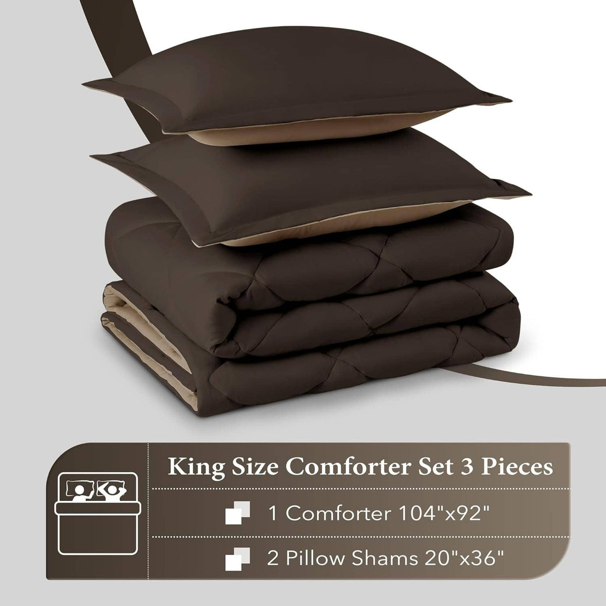 King comforter set stack showing brown comforter and folded pillow shams