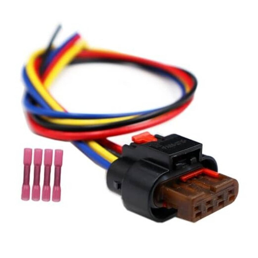 Actuator connector harness with black housing and red, blue, yellow, and white wires