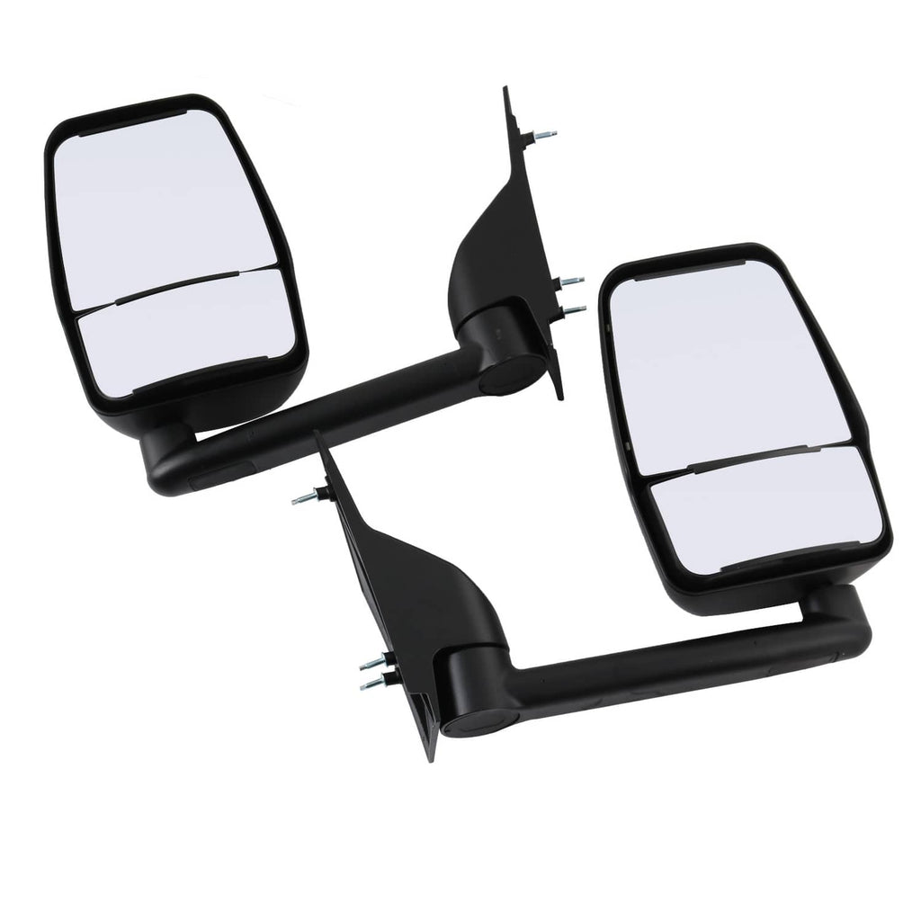 Black manual towing mirrors with mounting brackets and clear glass, pair