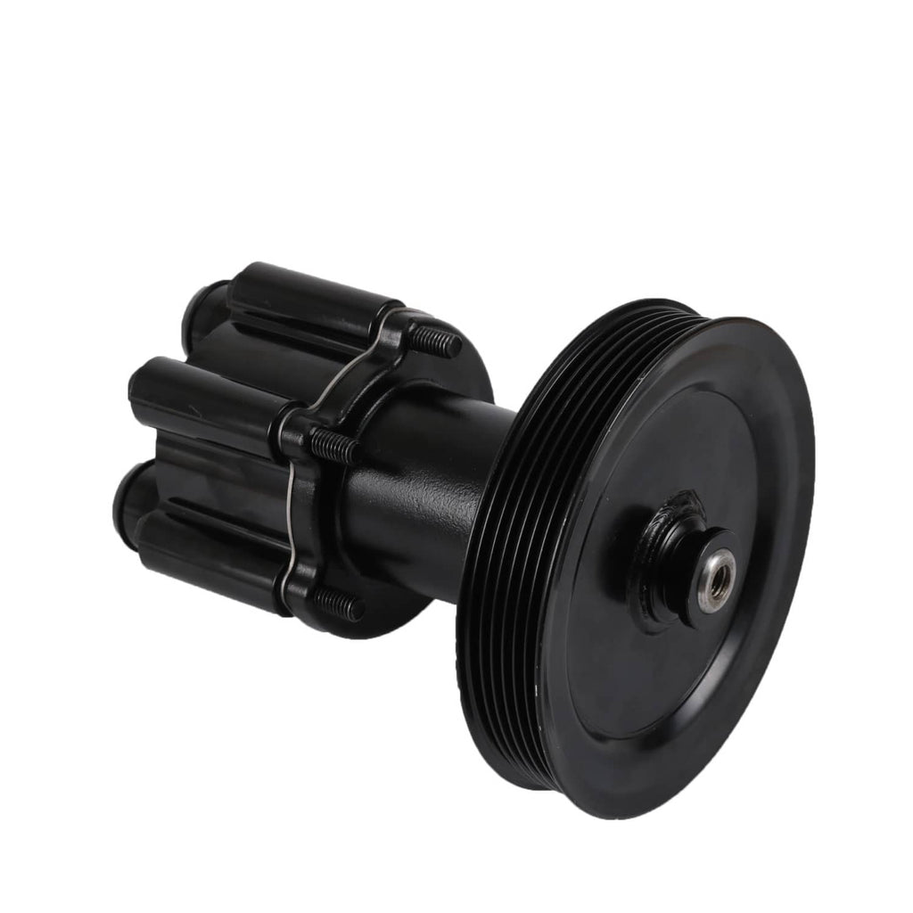 Raw sea water pump with pulley, angled view showing ribbed pulley and bolts