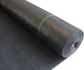 Black landscape weed barrier fabric roll with green stitching, rolled for easy installation.