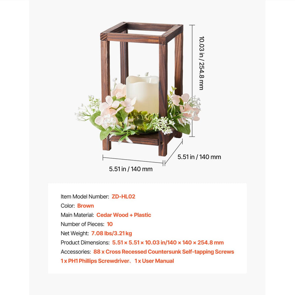 Brown wooden lantern with LED candle and champagne floral wreath with dimensions