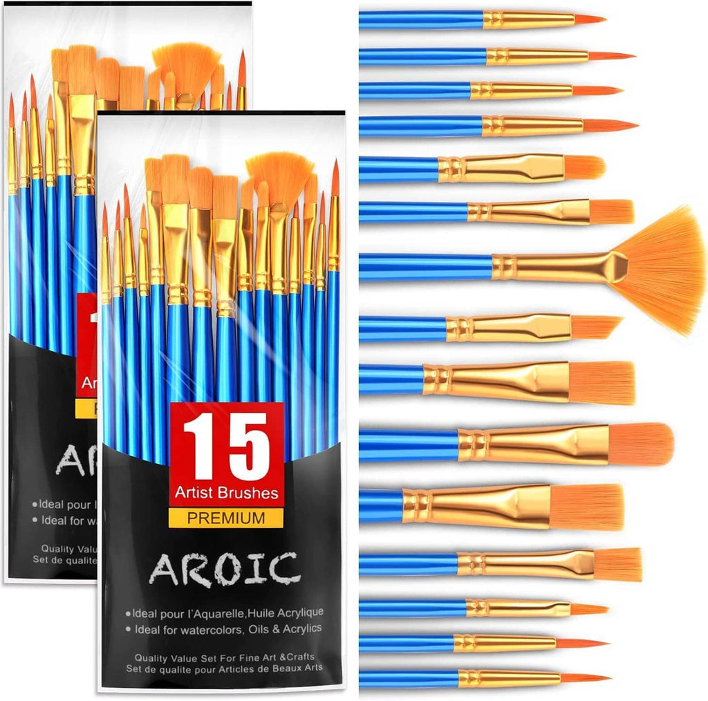 Acrylic paint brush set with blue handles, gold ferrules, and orange nylon bristles—assorted sizes