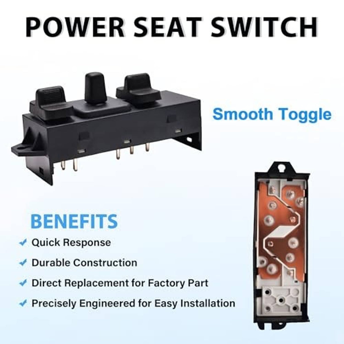 Power seat switch with four rocker controls and rear connector pins