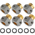Garden hose repair fittings set with gray housings, brass connectors, and rubber washers