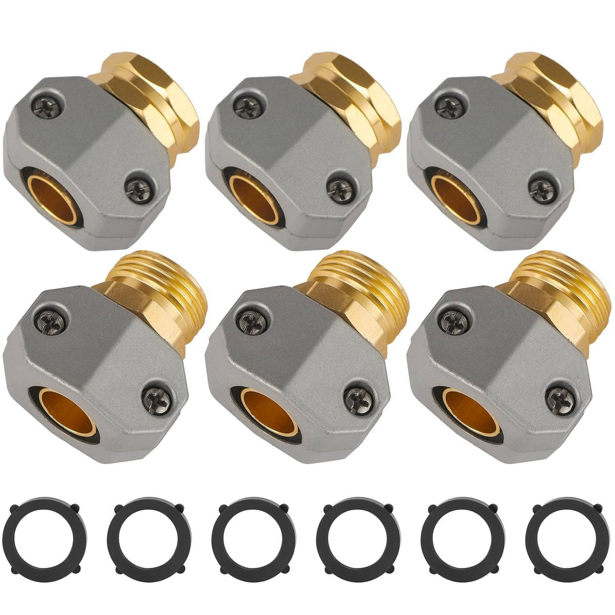 Garden hose repair fittings set with gray housings, brass connectors, and rubber washers