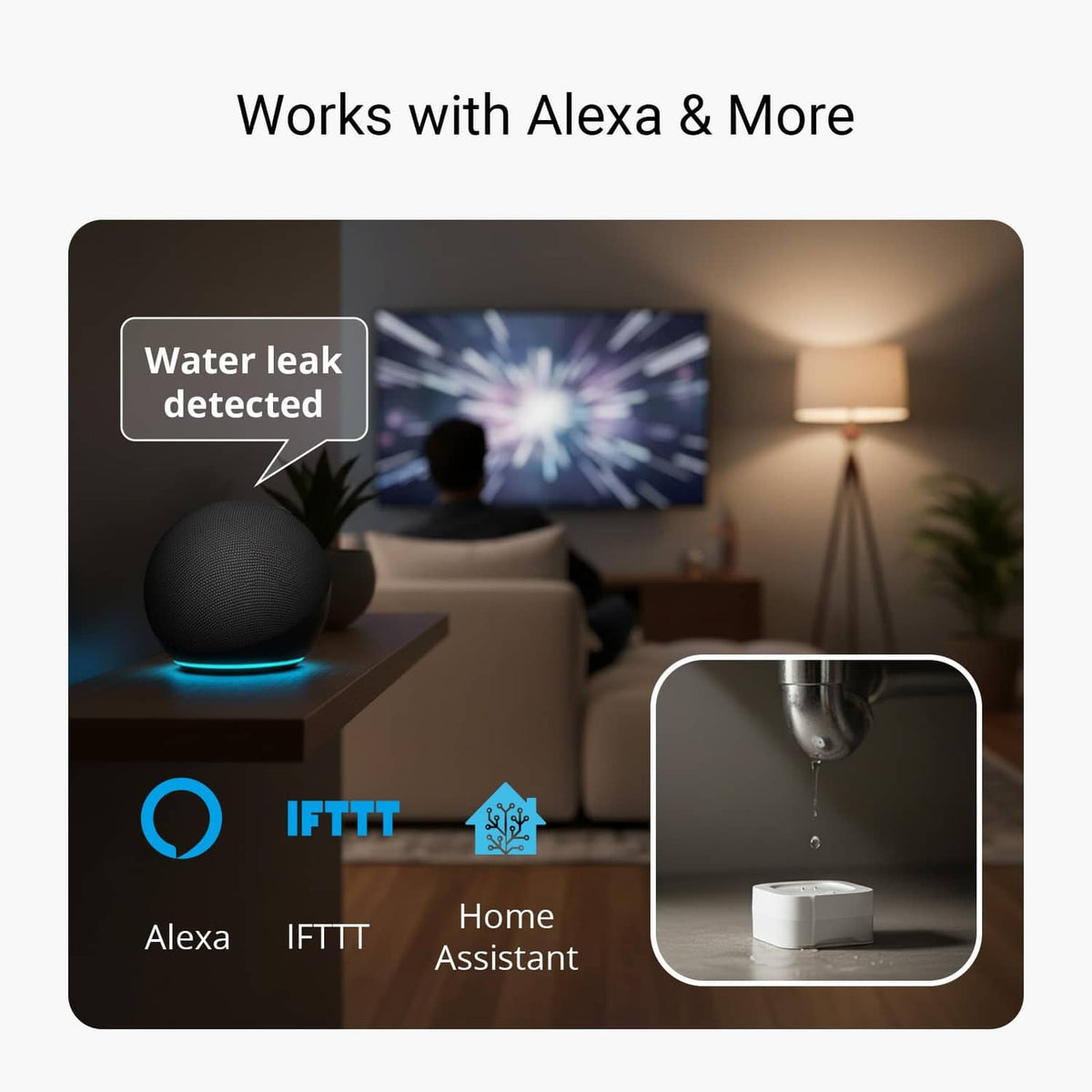 White water leak sensor with a black smart speaker and water-drop alert inset.