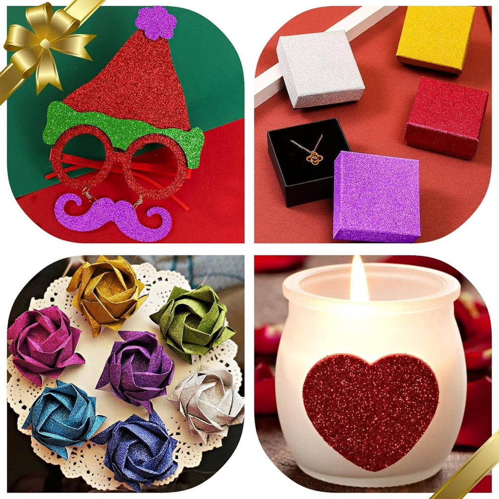 Purple glitter cardstock pieces alongside other craft supplies