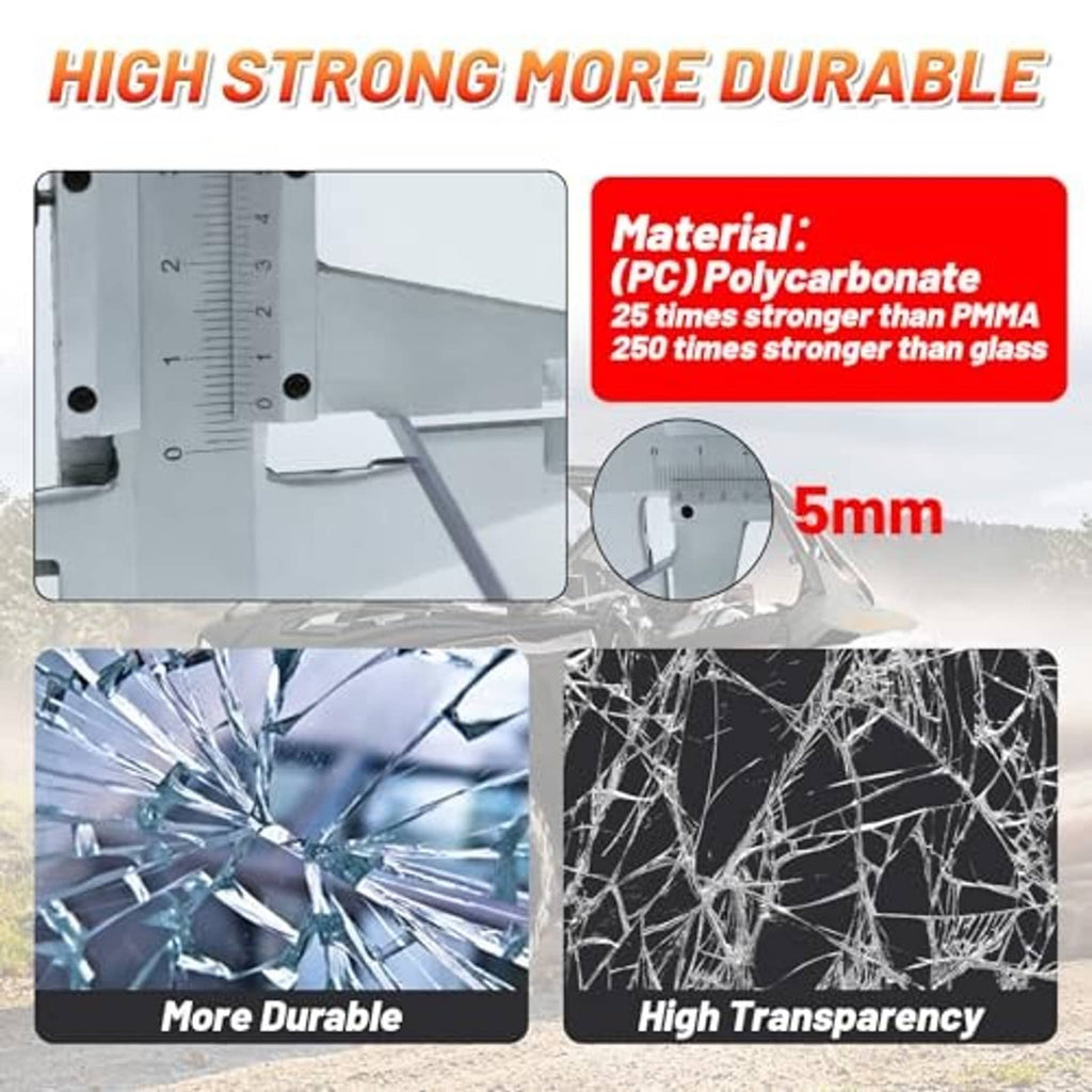 Durable clear UTV windshield panel, 5mm polycarbonate material close-up
