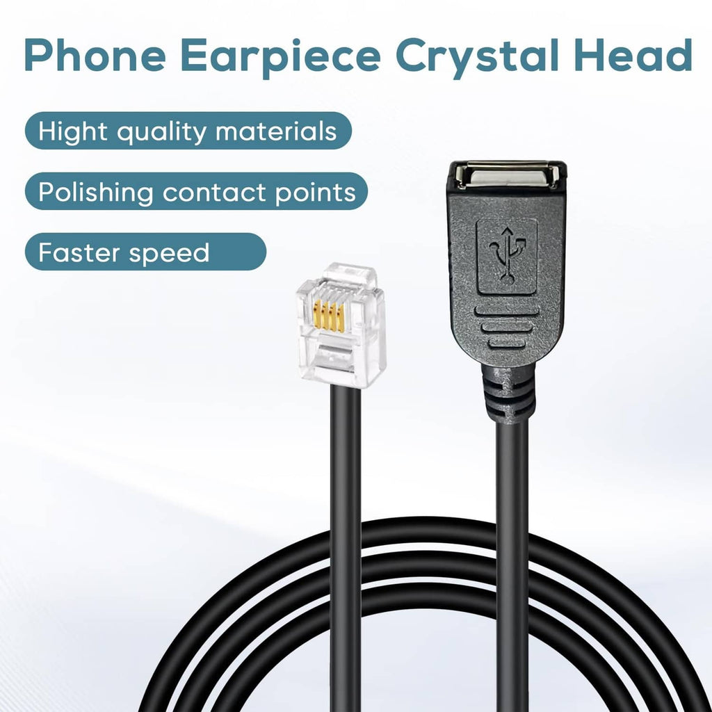 USB-A plug and clear RJ11 6P4C connector on black cable