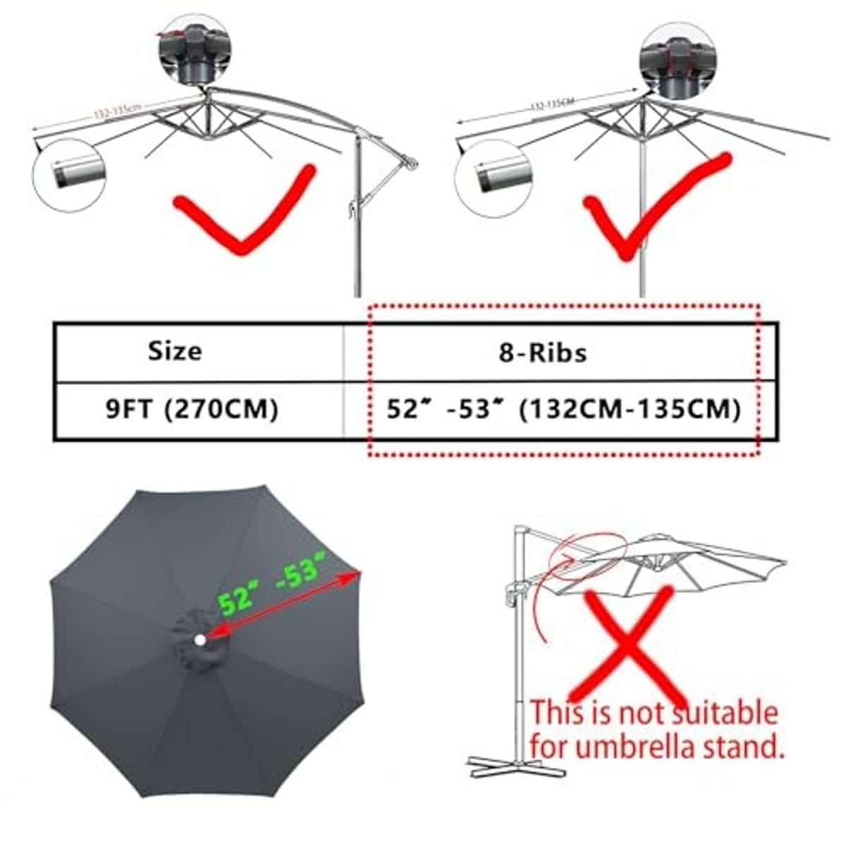 9ft (270cm) 8-ribs umbrella canopy replacement sizing diagram with fit note