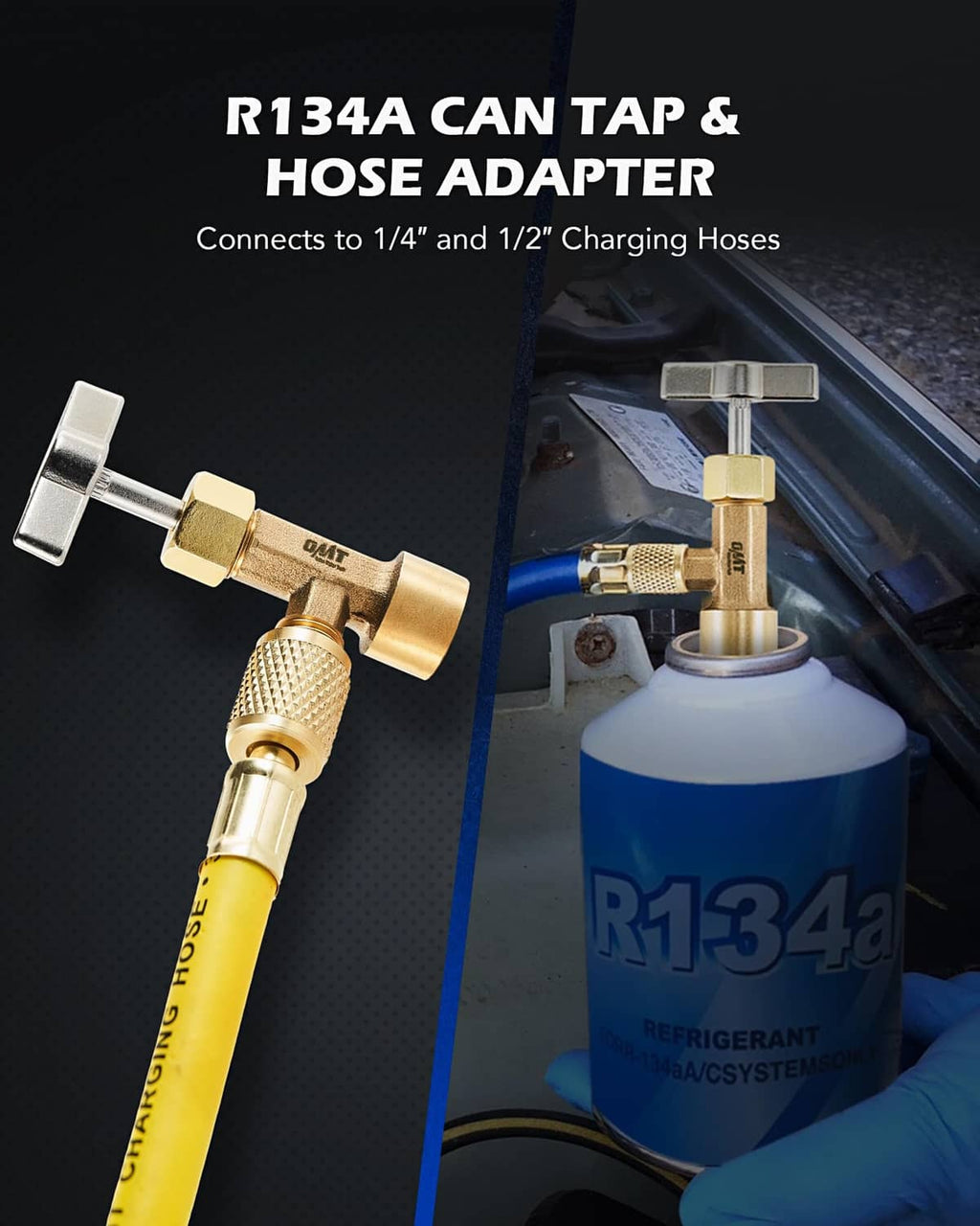 Brass R134a can tap and hose adapter with threaded valve outlet connection