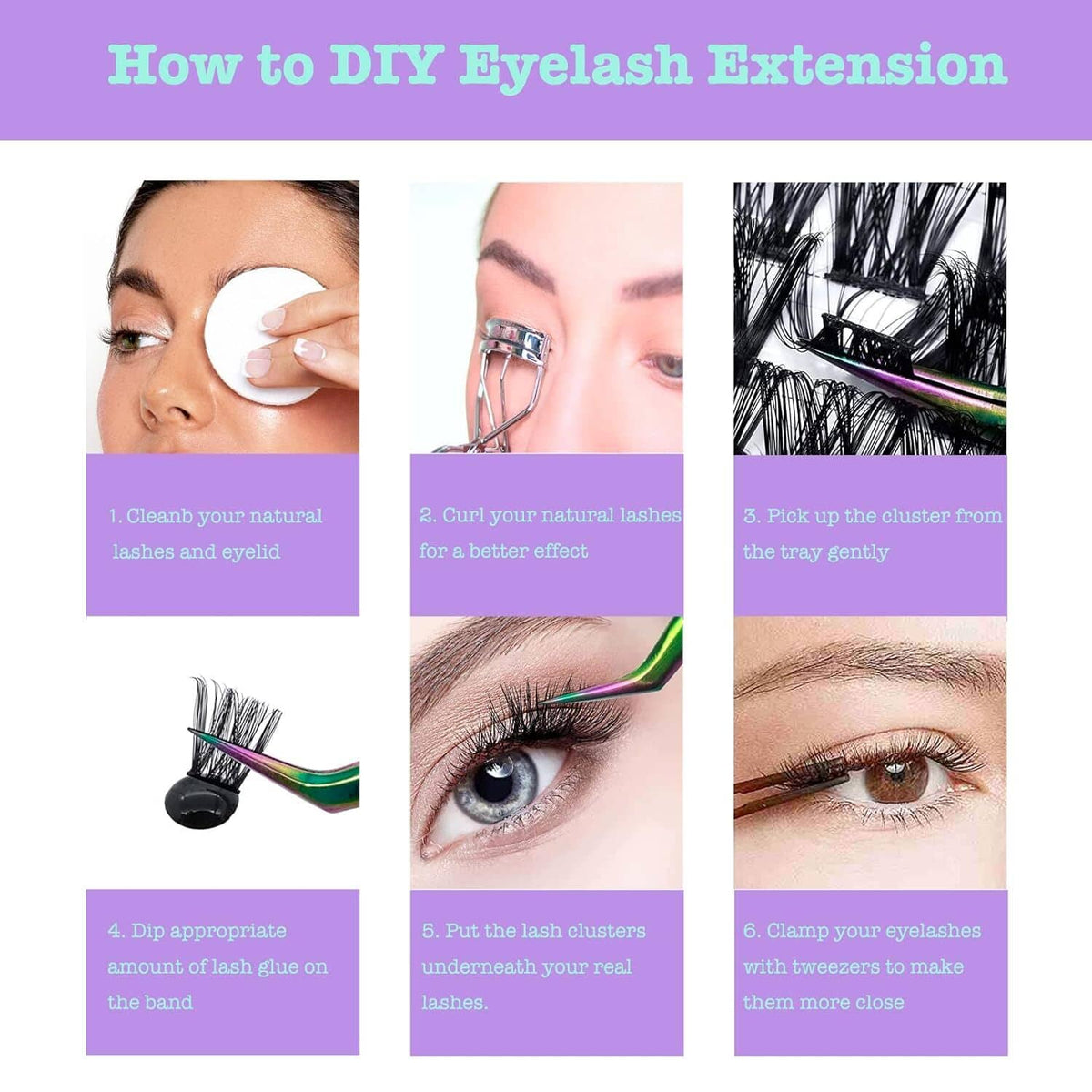 DIY eyelash extension guide showing steps for applying false lash clusters