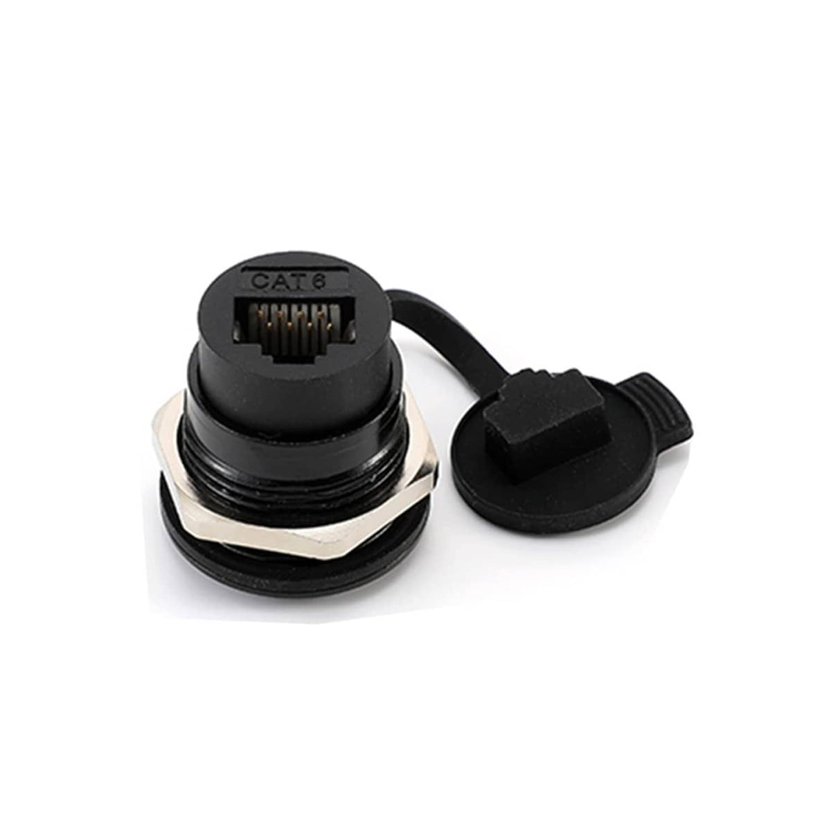 Black CAT6 RJ45 panel-mount coupler with removable dust cap and latch