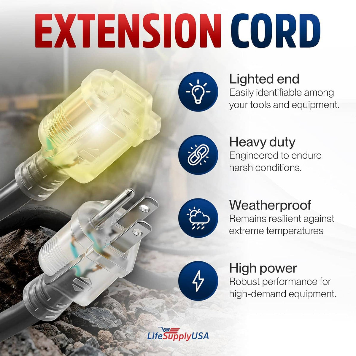 Outdoor extension cord with weatherproof 3-prong plug and illuminated end connector